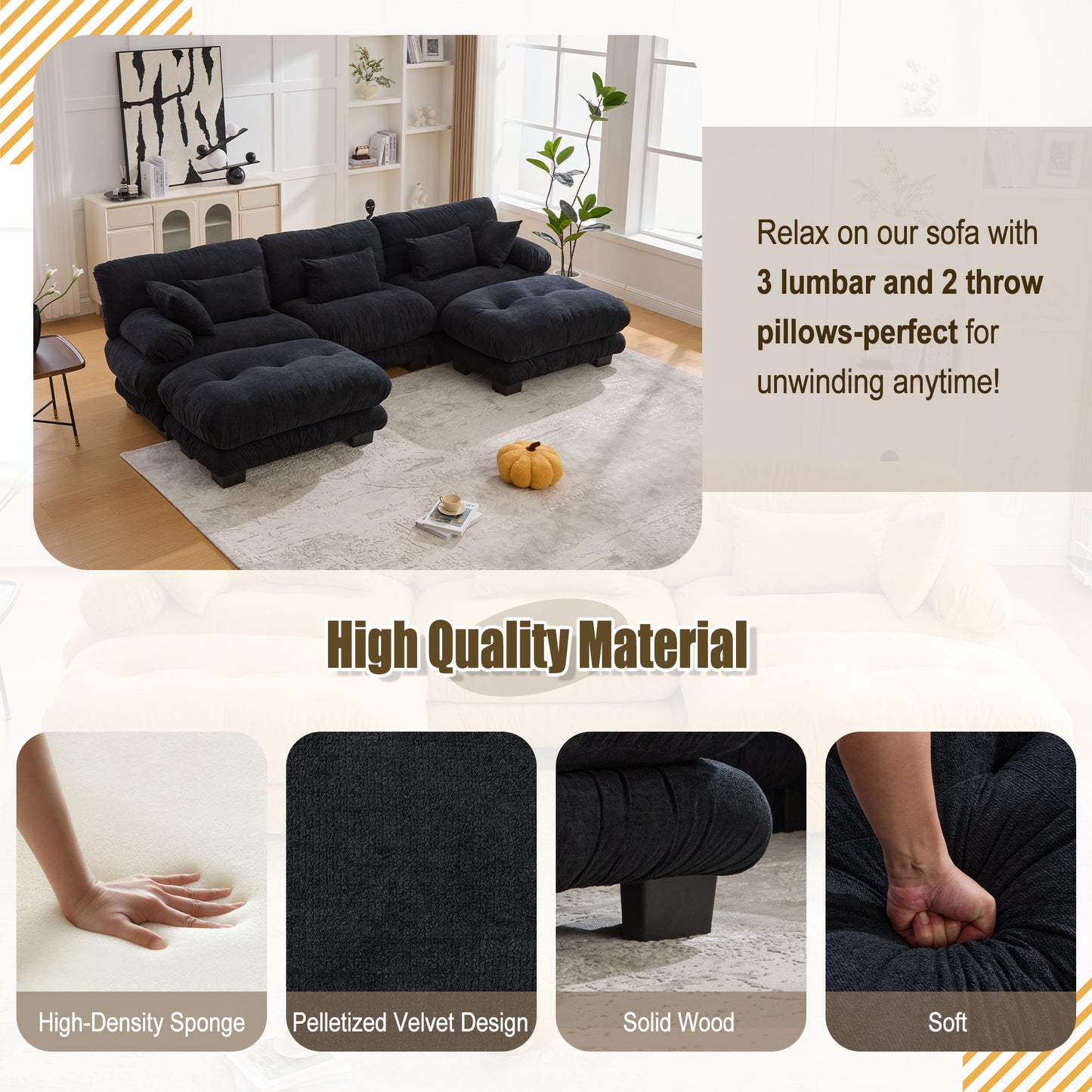 UNITED WE WIN Pelletized velvet U Shape Cloud Couch with 2 Ottomans,Free Combined 3 Seater Comfy Sofa with Bolster Armrest Pillows, sofa for Living Room-海智集-Default-
