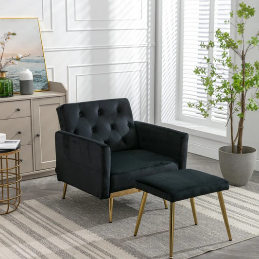 COOLMORE Velvet Accent Chair with Adjustable Armrests and Backrest, Button Tufted Lounge Chair, Single Recliner Armchair with Ottoman-海智集-Default-