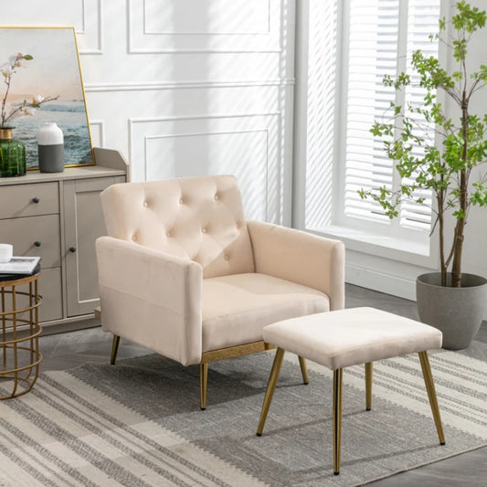 COOLMORE Velvet Accent Chair with Adjustable Armrests and Backrest, Button Tufted Lounge Chair, Single Recliner Armchair with Ottoman-海智集-Default-