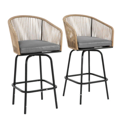 Outdoor Bar Stools Set of 2, 2-Piece Patio Bar Stools with Armrests, All Weather Rattan Bar Chairs with Backrest, Wicker Bar Stools for Backyard, Garden, Pool, Balcony and Deck- Gery-海智集-Default-