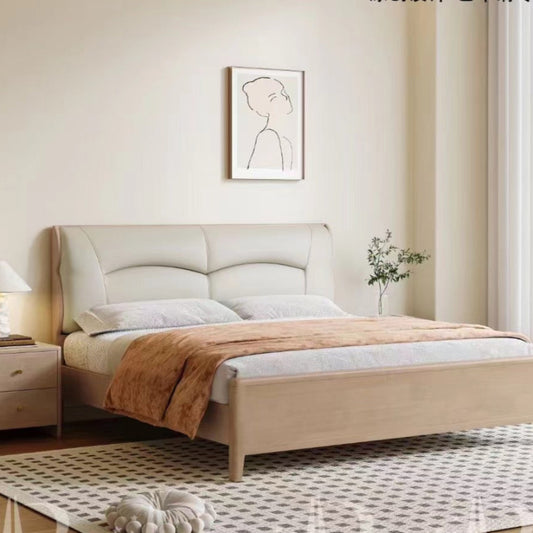 Yiran Ju SeriesRubber Wood Log Style Cream Style Minimalist Style Solid Wood Bed 6602 Warm Apricot + Off-White (Including Oak Bed Board)-海智集-