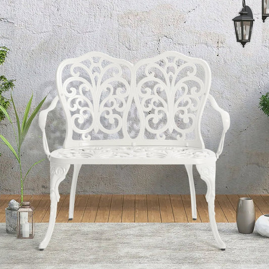 Patio Garden Bench Metal Park Bench Cast Aluminum Outdoor Furniture with Floral Rose for Patio,Park,Lawn,Yard white-海智集-Default-