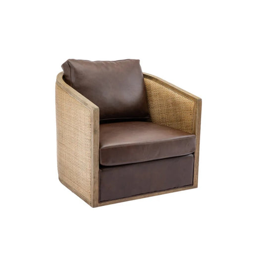 Swivel Barrel Chair, Comfy Round Accent Sofa Chair for Living Room, 360 Degree Swivel, Brown Boucle, Leather Upholstery-海智集-Default-