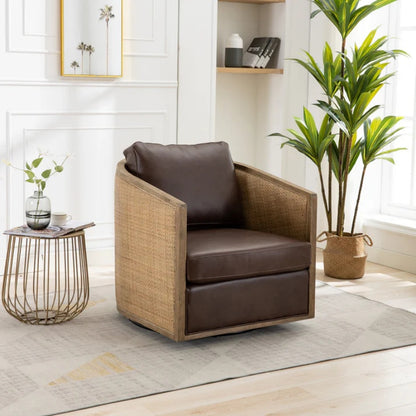Swivel Barrel Chair, Comfy Round Accent Sofa Chair for Living Room, 360 Degree Swivel, Brown Boucle, Leather Upholstery-海智集-Default-