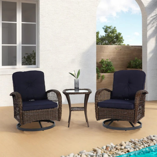 3 Pieces Outdoor Swivel Rocker Patio Chairs, 360 Degree Rocking Patio Conversation Set with Thickened Cushions and Glass Coffee Table for Backyard, Navy blue-海智集-Default-