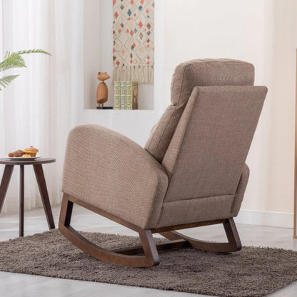 Rocking Chair, Modern Glider Chair, Recliner Armchair with Wood Legs and Side Pocket, Nursery Rocking Accent Chair with High Back for Living Room Bedroom (Camel linen)-海智集-Default-