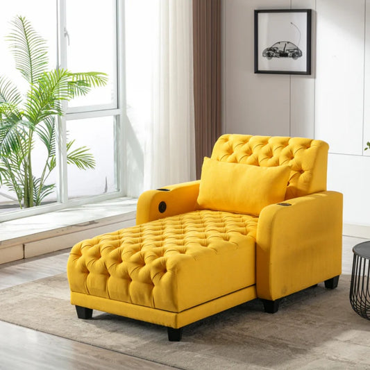 COOLMORE Multifunctional Living Room Leisure Chaise Lounge Barry Tufted Comfy Armchair Wireless Charging, Smooth Reclining Backrest & Lumbar Pillow for Home Apartment (Yellow linen)-海智集-Default-