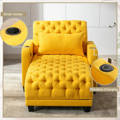 COOLMORE Multifunctional Living Room Leisure Chaise Lounge Barry Tufted Comfy Armchair Wireless Charging, Smooth Reclining Backrest & Lumbar Pillow for Home Apartment (Yellow linen)-海智集-Default-