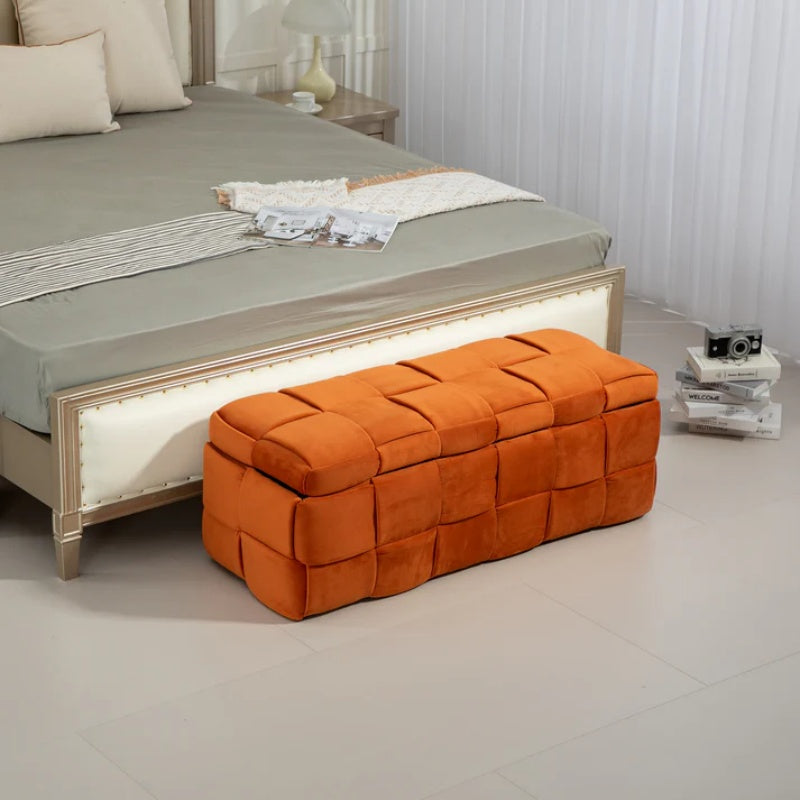 COOLMORE Upholstered Fabric Storage Ottoman with Safety Hinge, Orange Velvet, 43.7'' x 17.32'' x 15.73''-海智集-Default-