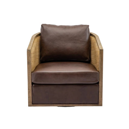 Swivel Barrel Chair, Comfy Round Accent Sofa Chair for Living Room, 360 Degree Swivel, Brown Boucle, Leather Upholstery-海智集-Default-