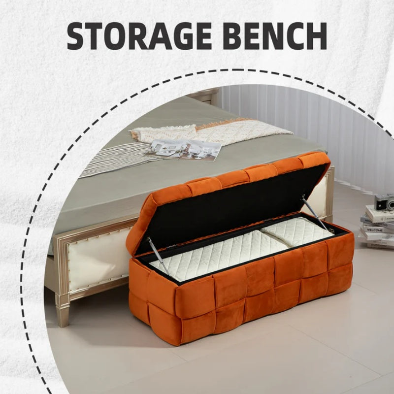 COOLMORE Upholstered Fabric Storage Ottoman with Safety Hinge, Orange Velvet, 43.7'' x 17.32'' x 15.73''-海智集-Default-