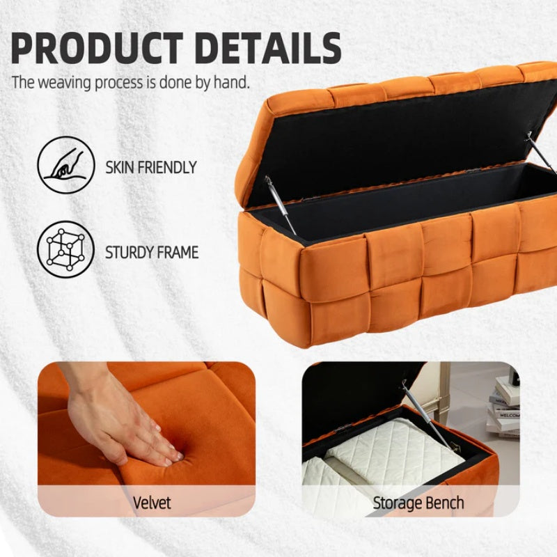 COOLMORE Upholstered Fabric Storage Ottoman with Safety Hinge, Orange Velvet, 43.7'' x 17.32'' x 15.73''-海智集-Default-