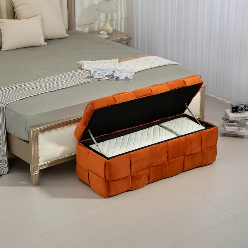 COOLMORE Upholstered Fabric Storage Ottoman with Safety Hinge, Orange Velvet, 43.7'' x 17.32'' x 15.73''-海智集-Default-
