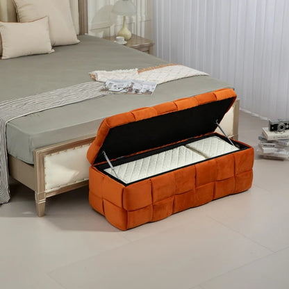 COOLMORE Upholstered Fabric Storage Ottoman with Safety Hinge, Orange Velvet, 43.7'' x 17.32'' x 15.73''-海智集-Default-