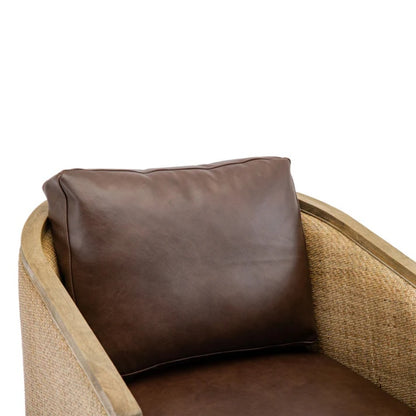 Swivel Barrel Chair, Comfy Round Accent Sofa Chair for Living Room, 360 Degree Swivel, Brown Boucle, Leather Upholstery-海智集-Default-