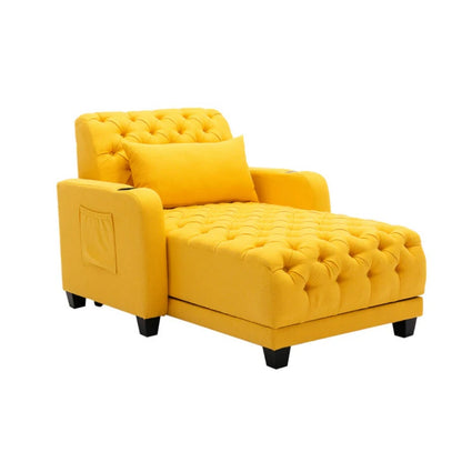 COOLMORE Multifunctional Living Room Leisure Chaise Lounge Barry Tufted Comfy Armchair Wireless Charging, Smooth Reclining Backrest & Lumbar Pillow for Home Apartment (Yellow linen)-海智集-Default-