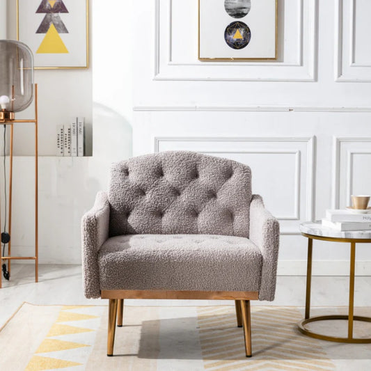 COOLMORE Modern Accent Chair with Arms, Tufted Decorative Fabric Armchair with Gold Metal Legs, Upholstered Reading Chair for Living Room Bedroom Office (Grey Teddy)-海智集-Default-