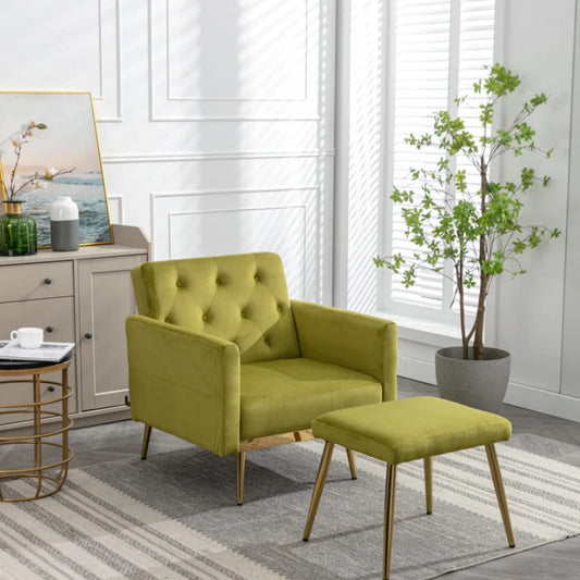 COOLMORE Velvet Accent Chair with Adjustable Armrests and Backrest, Button Tufted Lounge Chair, Single Recliner Armchair with Ottoman-海智集-Default-