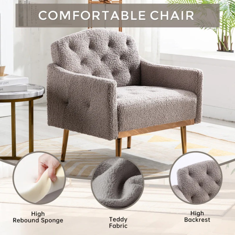 COOLMORE Modern Accent Chair with Arms, Tufted Decorative Fabric Armchair with Gold Metal Legs, Upholstered Reading Chair for Living Room Bedroom Office (Grey Teddy)-海智集-Default-