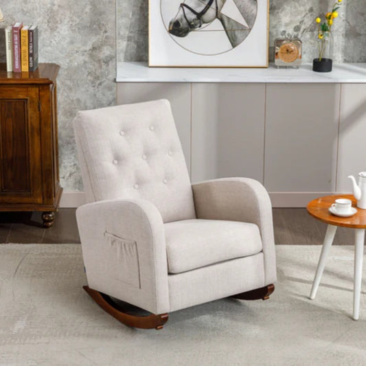 High Back Rocking Chair Nursery Chair .Comfortable Rocker Fabric Padded Seat .Modern High Back Armchair-海智集-Default-