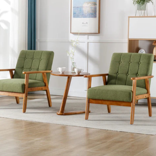 Accent Chairs Set of 2 with Side Table, Mid Century Modern Accent Chair, Wood and Fabric Armchairs Side Chair, Lounge Reading Comfy Arm Chair for Living Room, Bedroom, Office-海智集-Default-