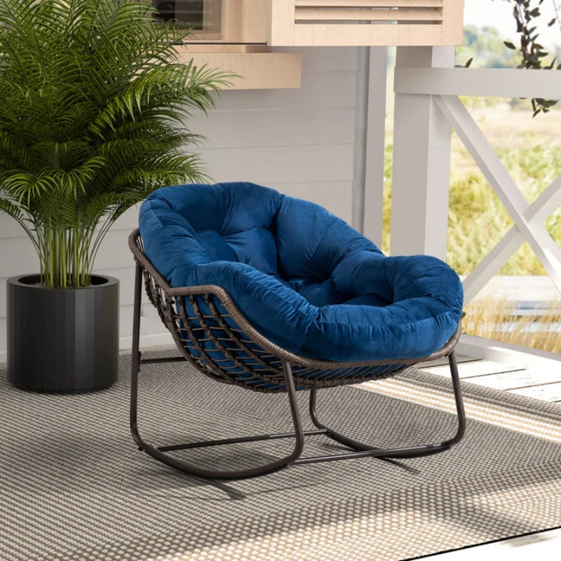 Outdoor Rattan Rocking Chair,Padded Cushion Rocker Recliner Chair Outdoor for Front Porch, Living Room, Patio, Garden, Navy Blue-海智集-Default-