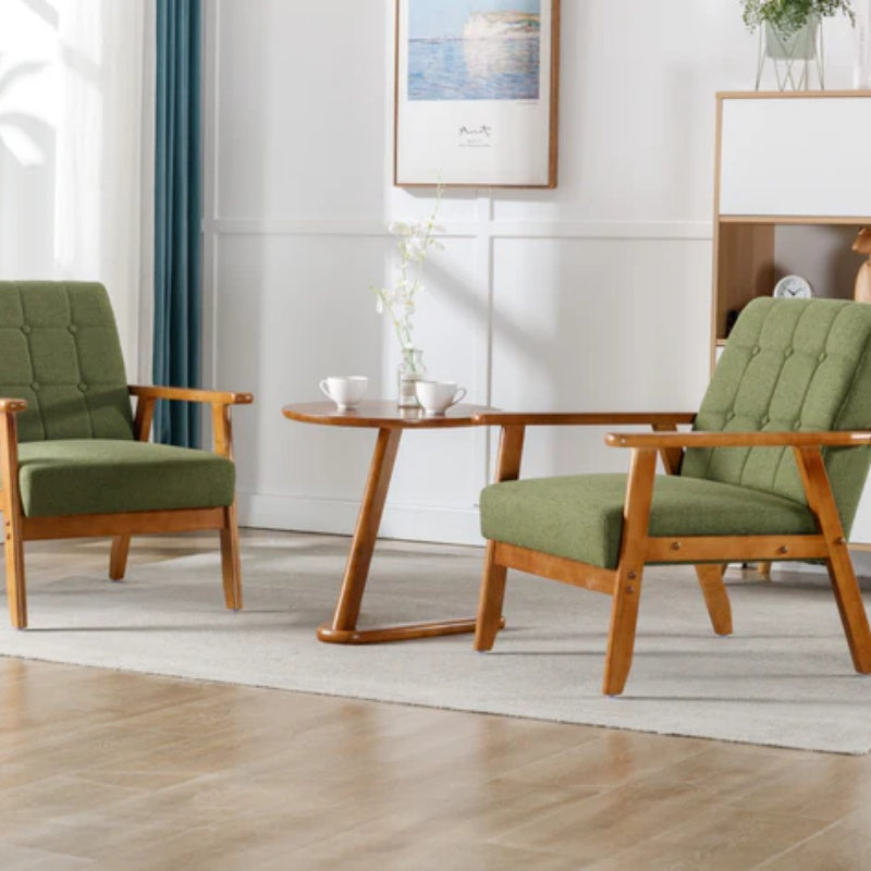 Accent Chairs Set of 2 with Side Table, Mid Century Modern Accent Chair, Wood and Fabric Armchairs Side Chair, Lounge Reading Comfy Arm Chair for Living Room, Bedroom, Office-海智集-Default-