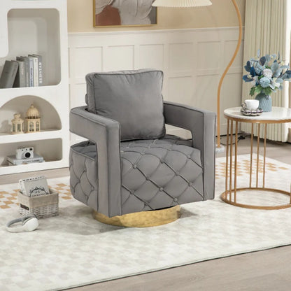 Swivel Accent Chair - Modern Accent Chair with Pillow, Velvet Armchair Side Chair with Tufted Button for Living Room, Bedroom, Office(Gray)-海智集-Default-