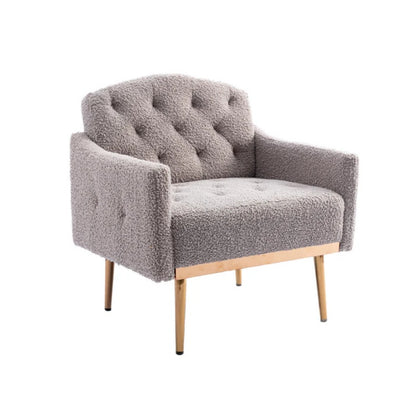 COOLMORE Modern Accent Chair with Arms, Tufted Decorative Fabric Armchair with Gold Metal Legs, Upholstered Reading Chair for Living Room Bedroom Office (Grey Teddy)-海智集-Default-