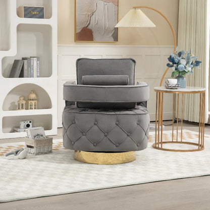Swivel Accent Chair - Modern Accent Chair with Pillow, Velvet Armchair Side Chair with Tufted Button for Living Room, Bedroom, Office(Gray)-海智集-Default-