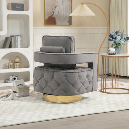 Swivel Accent Chair - Modern Accent Chair with Pillow, Velvet Armchair Side Chair with Tufted Button for Living Room, Bedroom, Office(Gray)-海智集-Default-