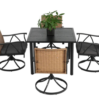 5 Piece Patio Dining Set for 4,Outdoor Wicker Furniture Set for Backyard Garden Deck Poolside with 4 Cushions Swivel Rocker Chairs,steel Table Top, Removable Cushions-海智集-Default-