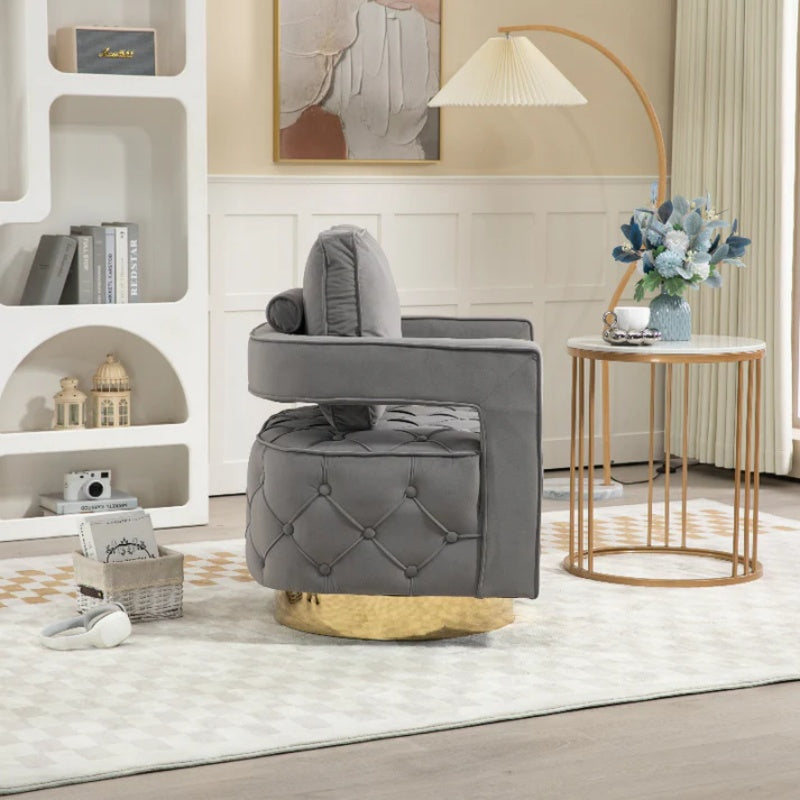 Swivel Accent Chair - Modern Accent Chair with Pillow, Velvet Armchair Side Chair with Tufted Button for Living Room, Bedroom, Office(Gray)-海智集-Default-