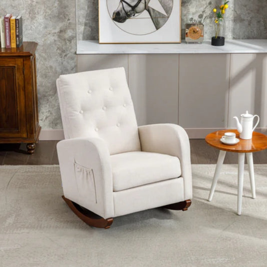 High Back Rocking Chair Nursery Chair .Comfortable Rocker Fabric Padded Seat .Modern High Back Armchair-海智集-Default-