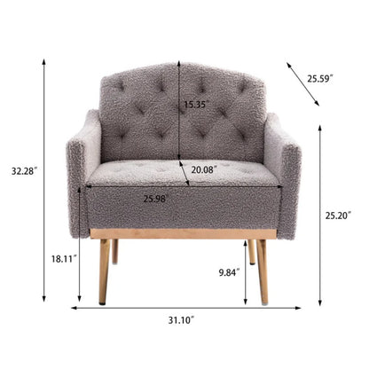 COOLMORE Modern Accent Chair with Arms, Tufted Decorative Fabric Armchair with Gold Metal Legs, Upholstered Reading Chair for Living Room Bedroom Office (Grey Teddy)-海智集-Default-