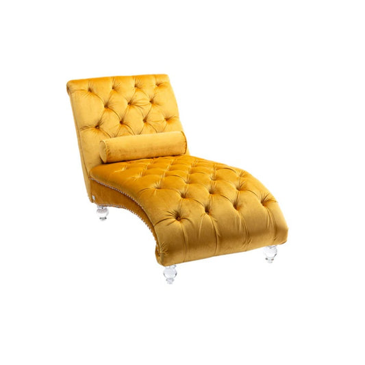 Velvet Button-Tufted Upholstered Chaise Lounge Chair with Pillow for Bedroom Living Room Office, Mustard-海智集-Default-