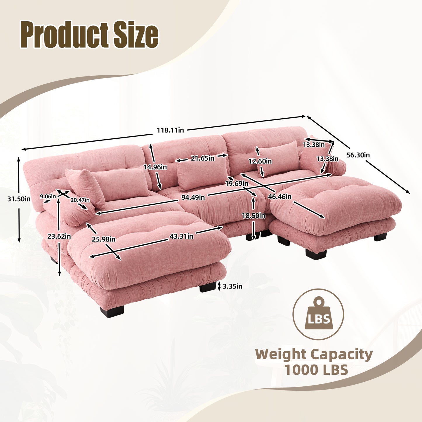 UNITED WE WIN Pelletized velvet U Shape Cloud Couch with 2 Ottomans,Free Combined 3 Seater Comfy Sofa with Bolster Armrest Pillows, sofa for Living Room-海智集-Default-