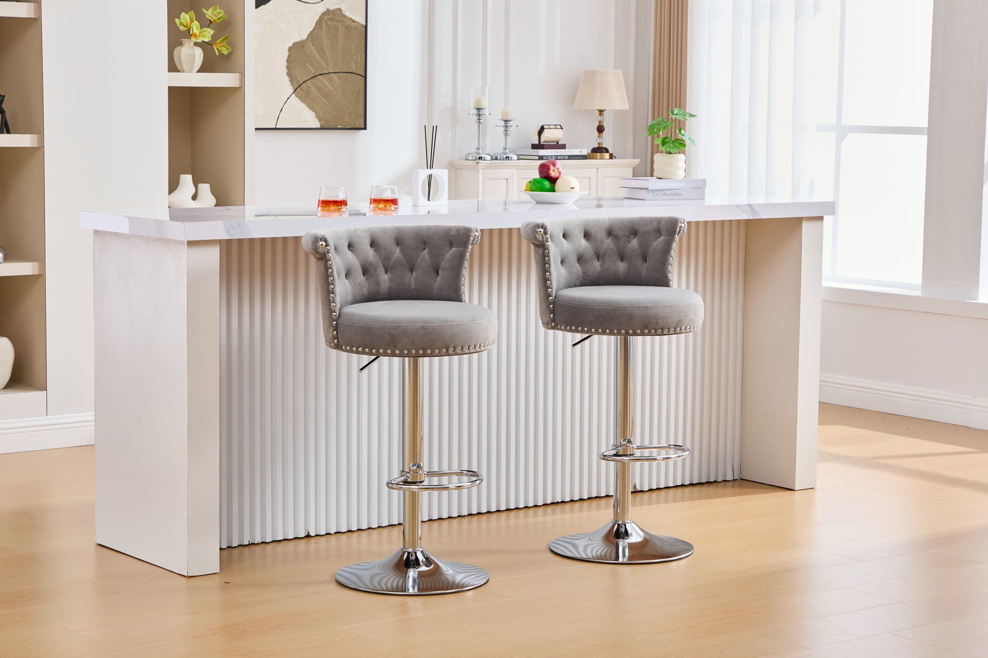 COOLMORE Velvet Bar Stool Set of 2, Adjustable Swivel Bar Stools with Silver Plated Metal Leg, Chrome Nailhead, Counter Height Chair for Kitchen,Dining Room-海智集-Default-
