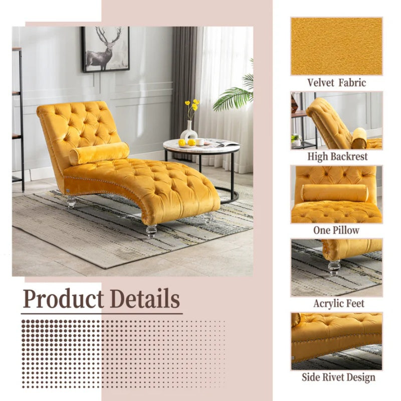 Velvet Button-Tufted Upholstered Chaise Lounge Chair with Pillow for Bedroom Living Room Office, Mustard-海智集-Default-