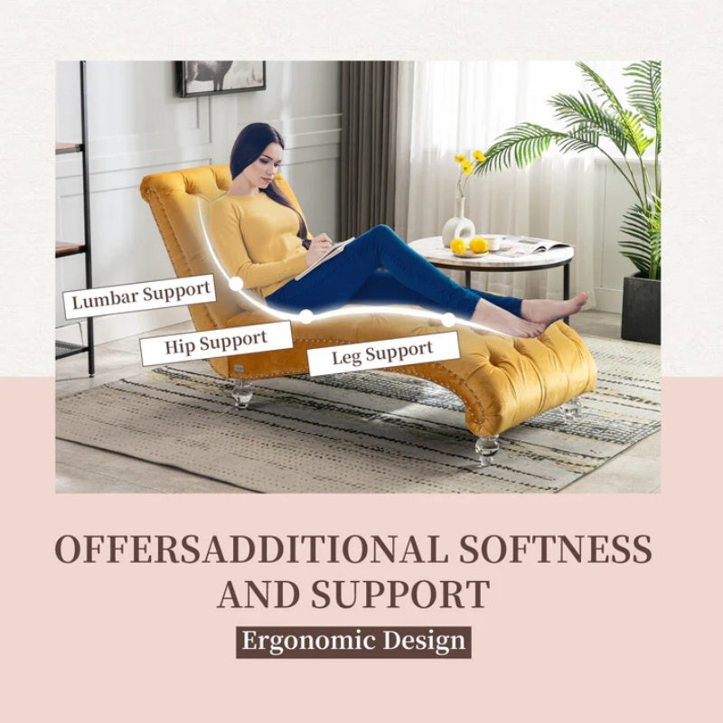 Velvet Button-Tufted Upholstered Chaise Lounge Chair with Pillow for Bedroom Living Room Office, Mustard-海智集-Default-