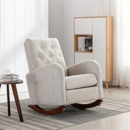 High Back Rocking Chair Nursery Chair .Comfortable Rocker Fabric Padded Seat .Modern High Back Armchair-海智集-Default-