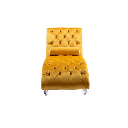 Velvet Button-Tufted Upholstered Chaise Lounge Chair with Pillow for Bedroom Living Room Office, Mustard-海智集-Default-