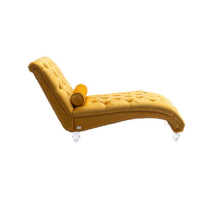 Velvet Button-Tufted Upholstered Chaise Lounge Chair with Pillow for Bedroom Living Room Office, Mustard-海智集-Default-