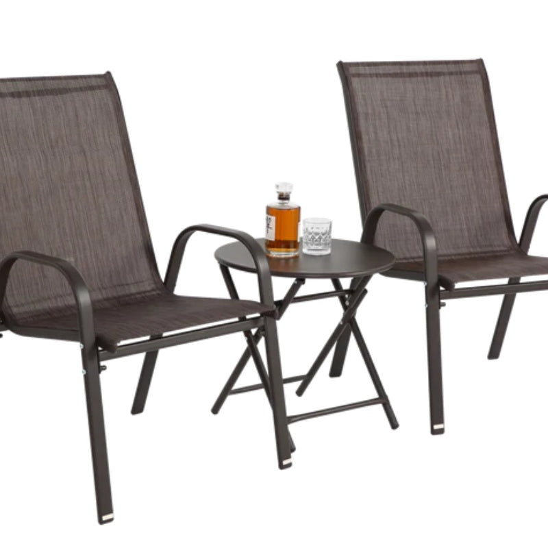 3 Piece Patio set, Outdoor Camping Chairs with Breathable Textilene Fabric, folding table with steel table top, 2chairs and 1table set ( Brown)-海智集-Default-