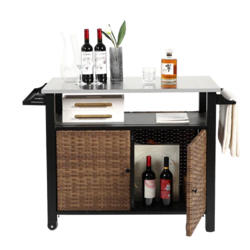 Outdoor Kitchen Wicker Island Rolling Cart & Storage Cabinet, Wheels and Stainless Steel Extended Table Top, Side Handle for Patio Kitchen or Bar Cart, Brown-海智集-Default-