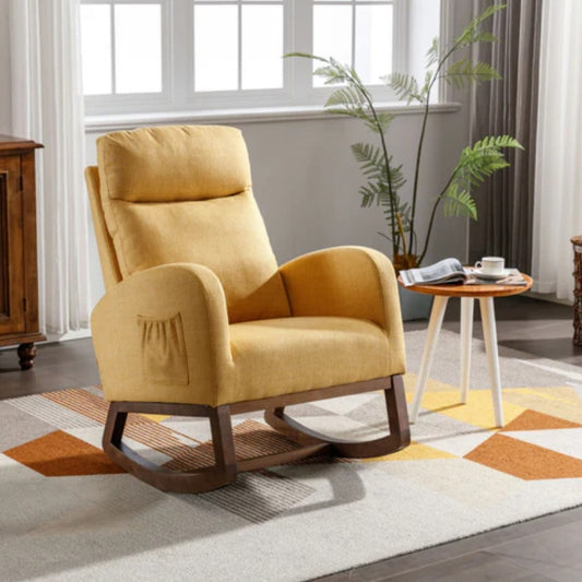 Rocking Chair, Modern Glider Chair, Recliner Armchair with Wood Legs and Side Pocket, Nursery Rocking Accent Chair with High Back for Living Room Bedroom (Yellow linen)-海智集-Default-