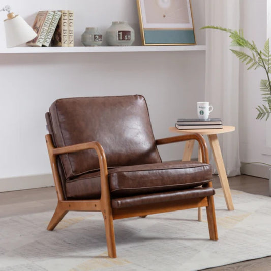 COOLMORE Mid Century Modern Accent Chair, Comfy Fabric Living Room Chairs with Solid Wood Frame, Lounge Reading Armchair, Easy Assembly (Brown PU)-海智集-Default-