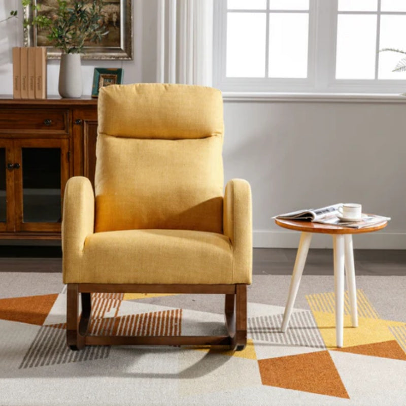 Rocking Chair, Modern Glider Chair, Recliner Armchair with Wood Legs and Side Pocket, Nursery Rocking Accent Chair with High Back for Living Room Bedroom (Yellow linen)-海智集-Default-