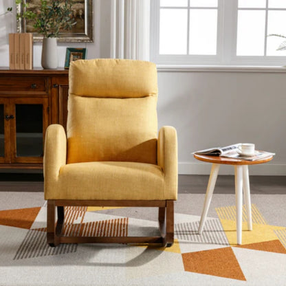 Rocking Chair, Modern Glider Chair, Recliner Armchair with Wood Legs and Side Pocket, Nursery Rocking Accent Chair with High Back for Living Room Bedroom (Yellow linen)-海智集-Default-