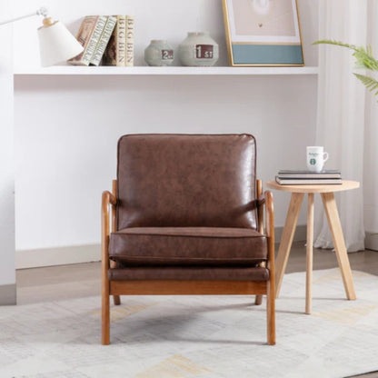 COOLMORE Mid Century Modern Accent Chair, Comfy Fabric Living Room Chairs with Solid Wood Frame, Lounge Reading Armchair, Easy Assembly (Brown PU)-海智集-Default-